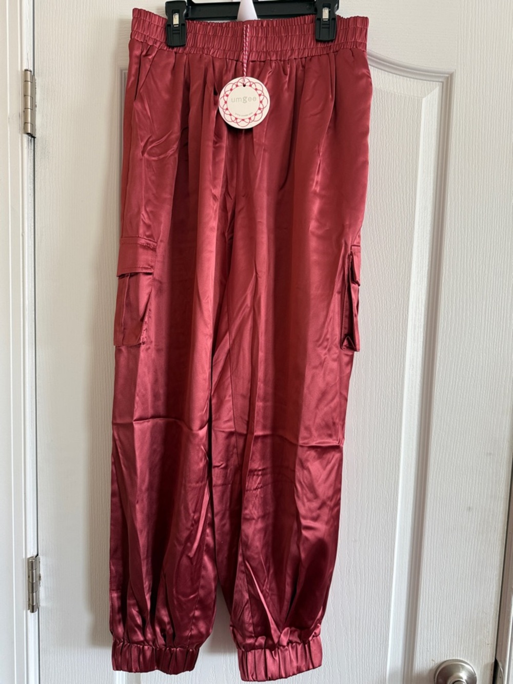 Umgee Satin Cargo Jogger Pants in Deep Wine Red